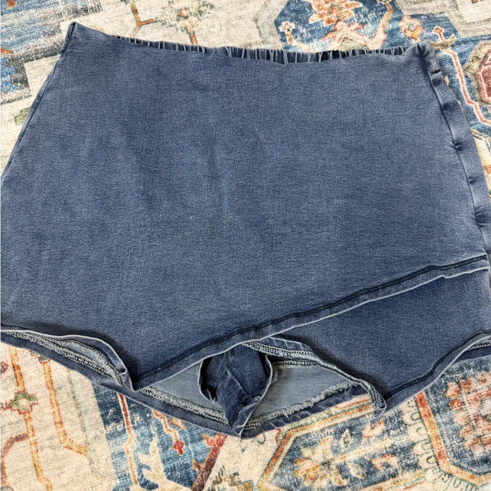 High-Rise Denim-Look Skort in Blue